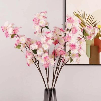 Green Leaves Artificial Cherry Blossom Flower Real Touch Realistic Faux Sakura Flower Branch Handmade Artificial Fake Flower