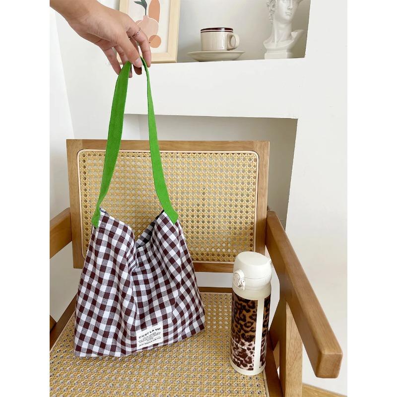 Ctrast Color Checked Ladies Shoulder Bag Large Capacity Women's Plaid Handbags Canvas Commuter Female Tote Shopping Bags