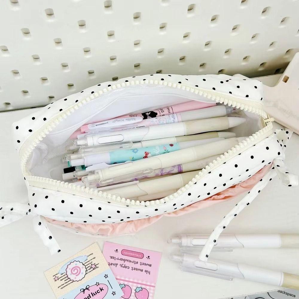 Large Capacity Polka Dot Pencil Bag White With Pink Bow Pencil Case School Supplies