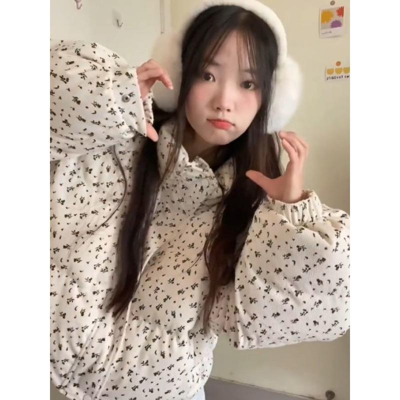 Korean Fashion Design Parkas Stand Up Collar Floral Short Cotton Coats 2026 Winter New Versatile Thick Warm Bread Jacket