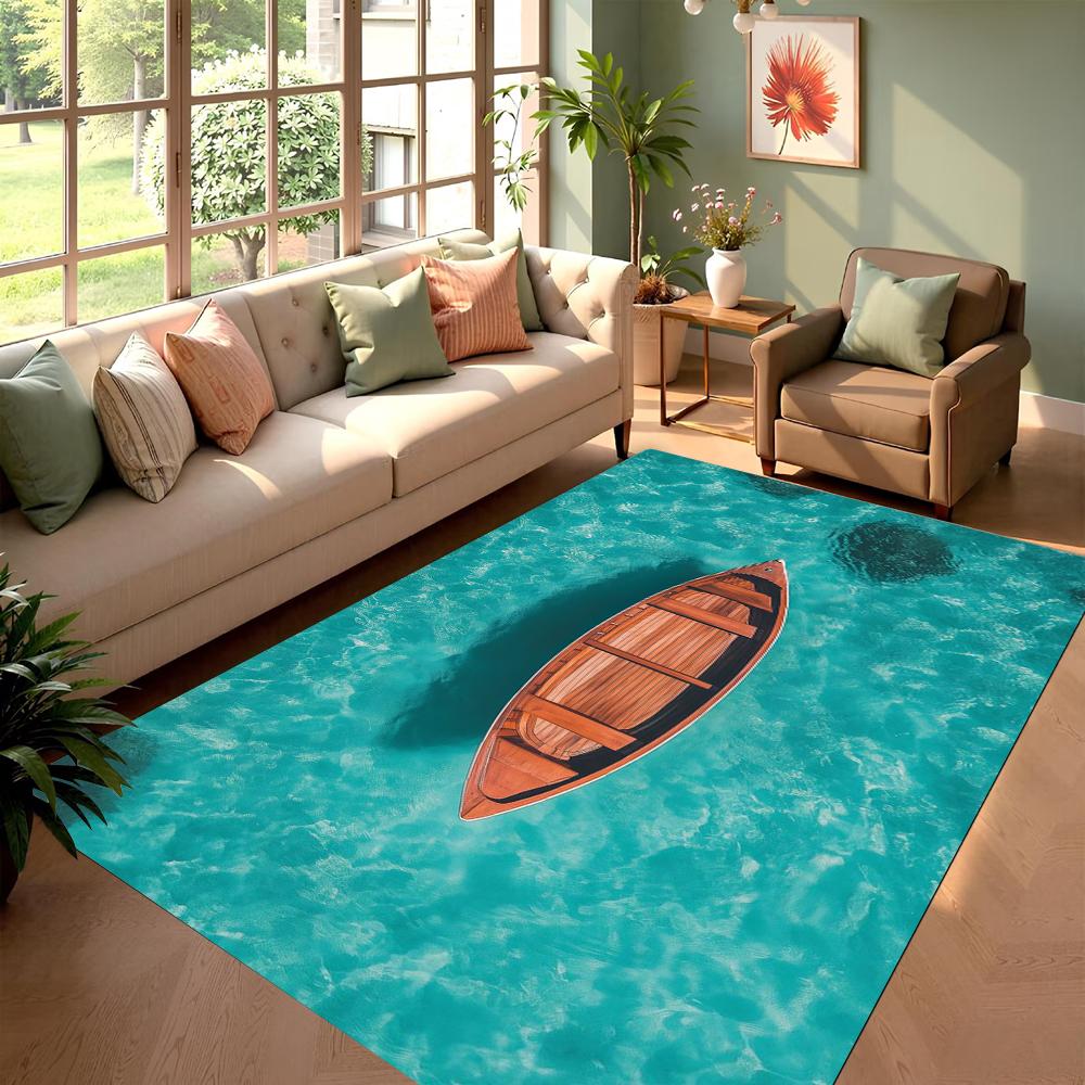 Rotes Boot auf Grünem Wasser Design Teppich für Wohnzimmer Rutschfeste Bodenmatte Heimdekoration Moderner Stil Segelboot Gemustert Teppich