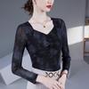 2025 Spring/Autumn Rose Print Square Neck Mesh Blouse - Long Sleeve Women's Fashion Top