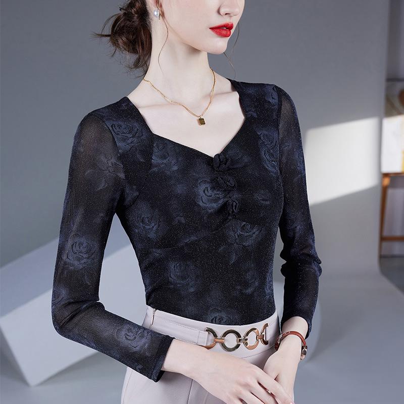 2025 Spring/Autumn Rose Print Square Neck Mesh Blouse - Long Sleeve Women's Fashion Top