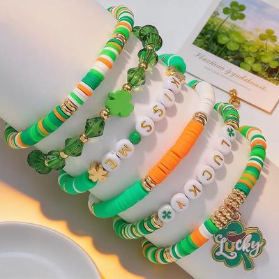 St. Patrick's Day Green Four-Leaf Clover Bracelet Set - Irish Festival Polymer Clay