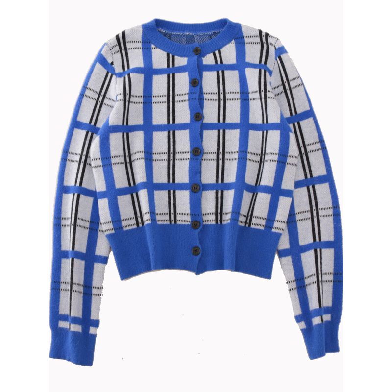 round Neck Single-Breasted Contrast Color Imitation Mink Outerwear Foreign Trade Original Order Loose Version Plaid Autumn and Winter Women Cardigan