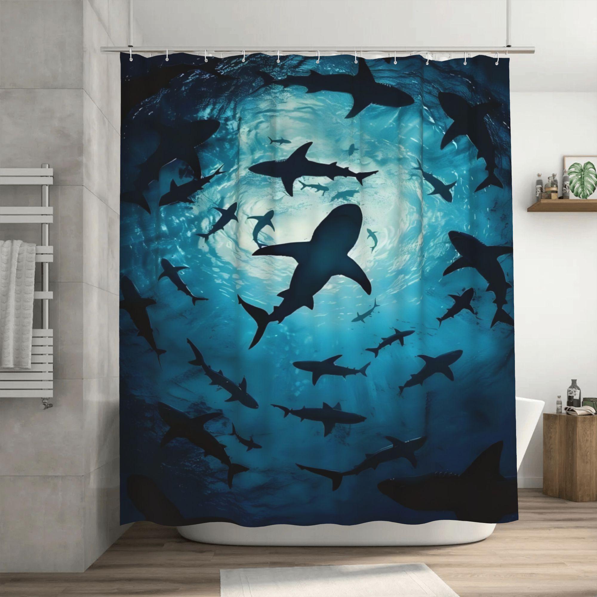 Tonnika Chen Blue Underwater Shark Family Shower Curtain – 3D Ocean Design With Sharks, Water & Sand Effect,Bathroom Decor