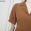 ZANZEA Women Elegant Turn Down Collar Casual Short Sleeve Pleated Dress