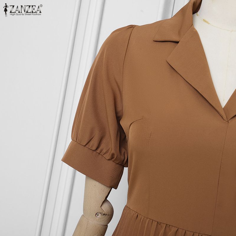 ZANZEA Women Elegant Turn Down Collar Casual Short Sleeve Pleated Dress