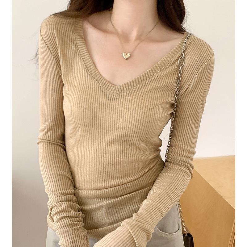 V-neck Slightly See-through Inner Knitwear Women Early Spring Autum Tshirt Slim Sweet Pink Bottoming Top