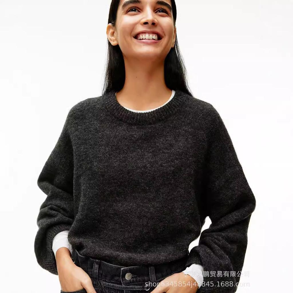 American Lazy Soft Waxy Gray Pullover Sweater Women's Autumn and Winter Loose Thickened Sheep Wool Crew Neck Knitted Sweater