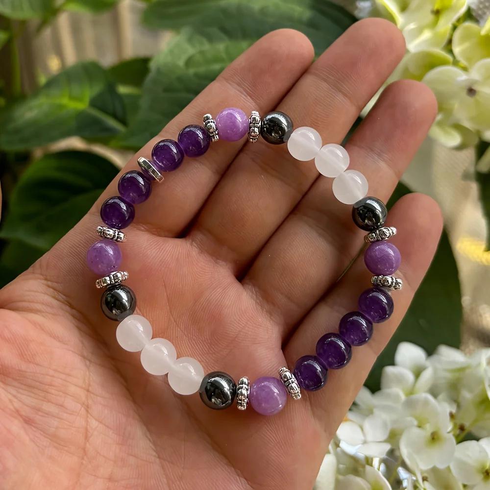 Amethyst and Hematite Handmade Natural Stone Beaded Bracelet for Sleep Resilience Homeopathic Jewelry for Unisex - 1 Pc