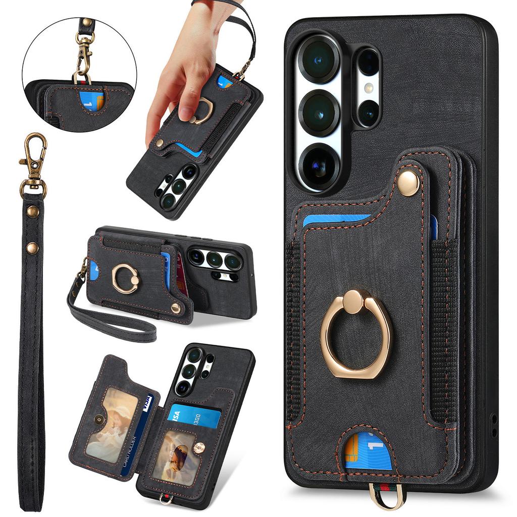 Ring Holder Cards Solt Leather Wallet Case For Samsung S25 Ultra S24 Plus S23 A16 A17 A07 Magnetic Kickstand Pocket Strap Cover