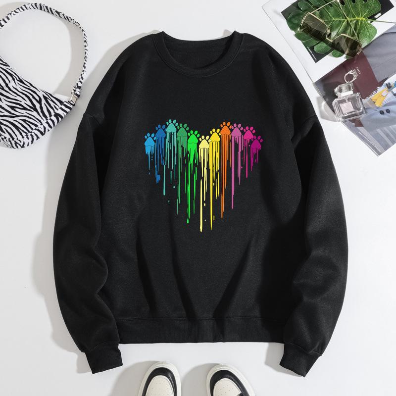 European and American Women's Colorful Heart Shape Loose Hoodie - Plus Velvet, Round Neck, Long Sleeve.