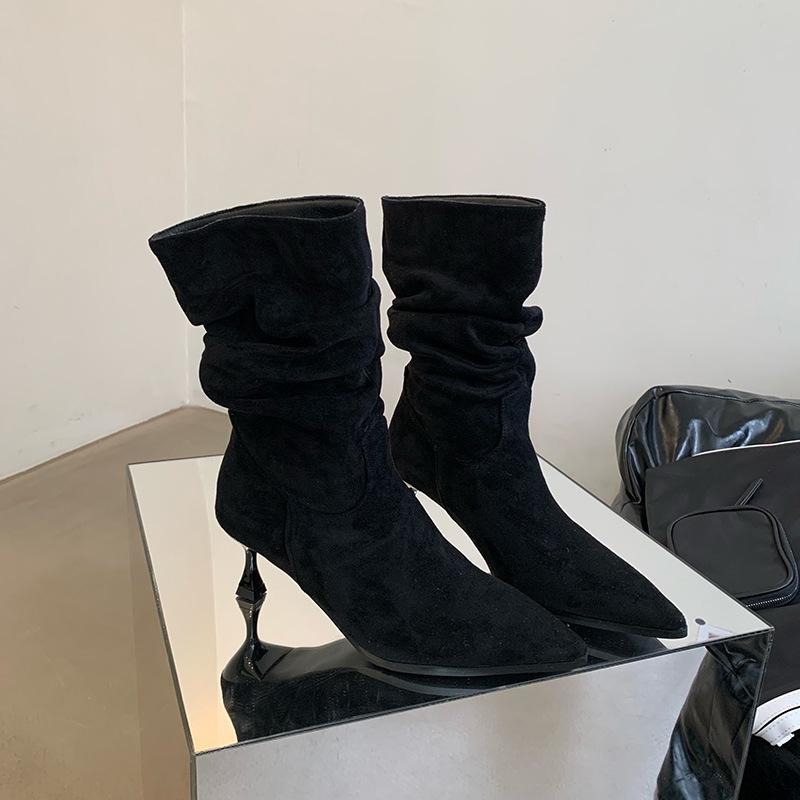Women’s 2024 Autumn Retro Slim Heel Pleated Mid-Tube Pointed Toe Boots