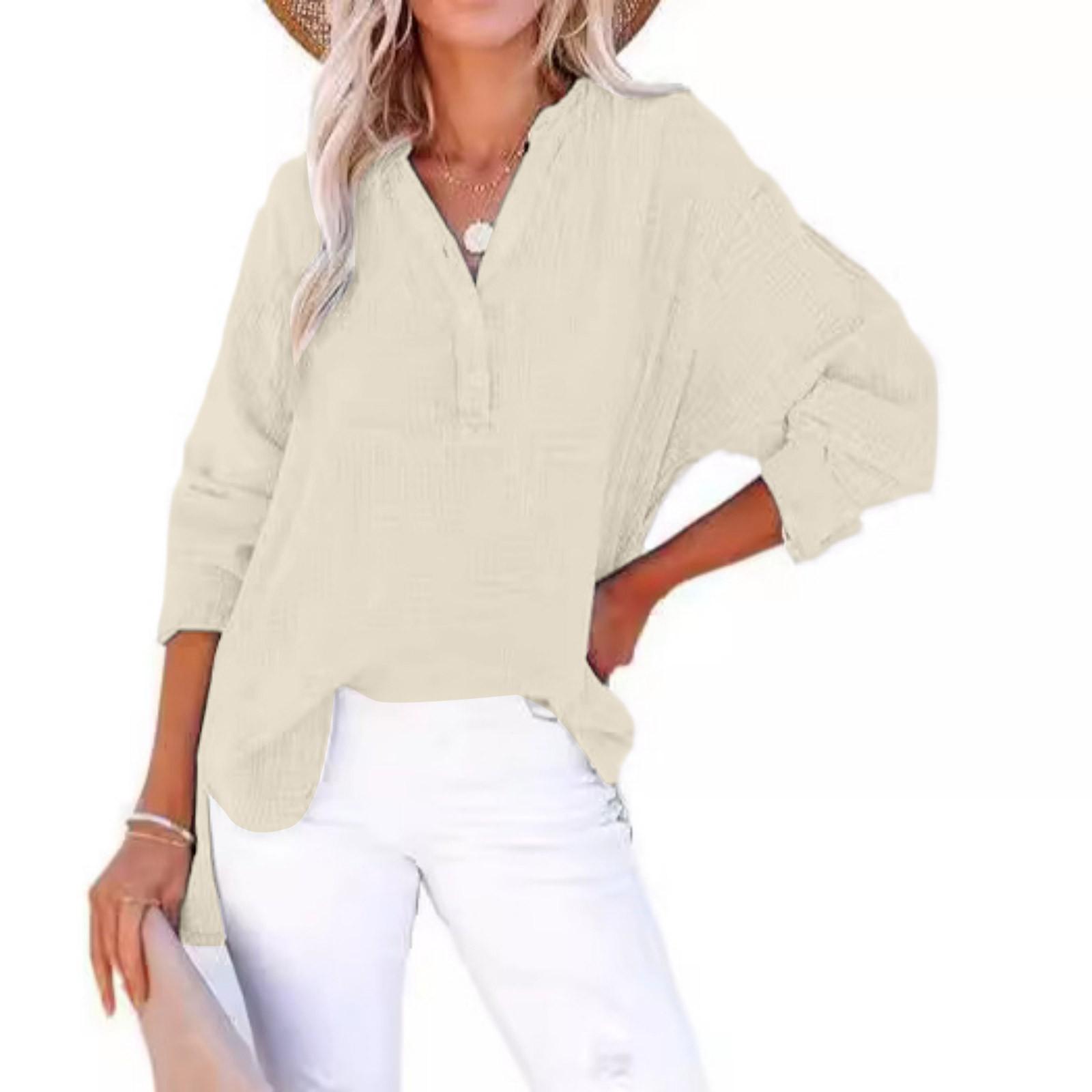 

Fashion Women s Pleated Button Long Sleeve Color Tops Women s Shirt Pullover XXL бежевий