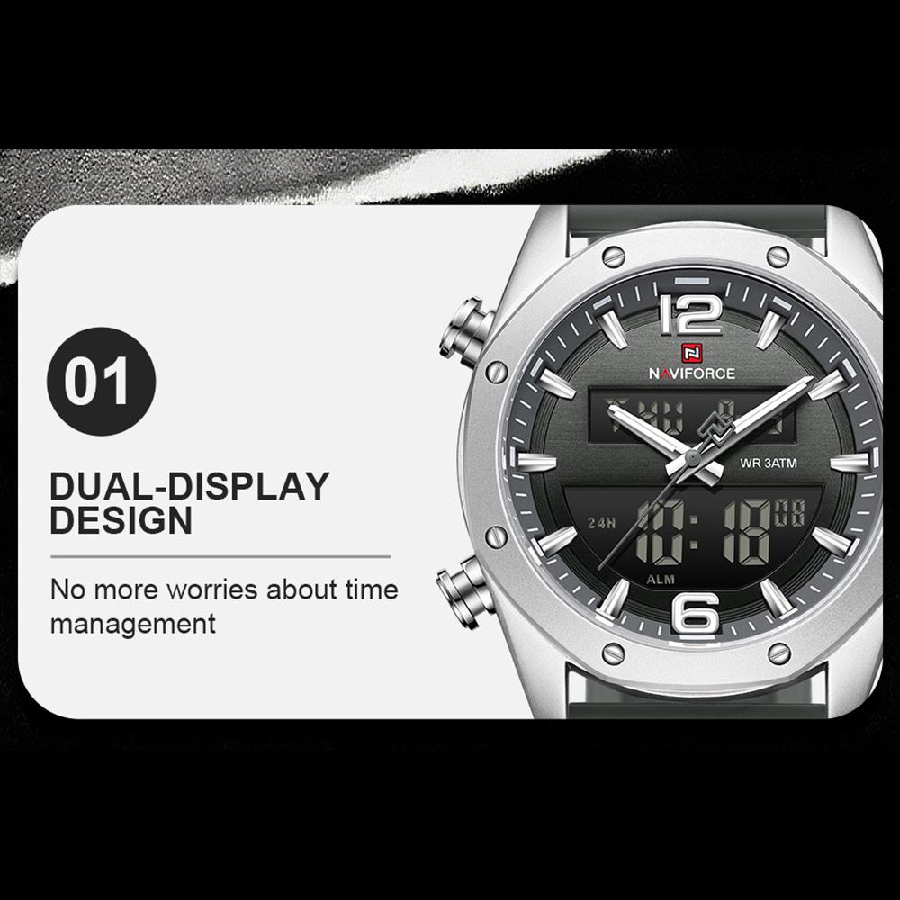 Naviforce Ceas Original Dual Time pentru Bărbați Ceas Digital LCD Ceas Quartz Dată Calendar Curea Silicon Impermeabil NF9264