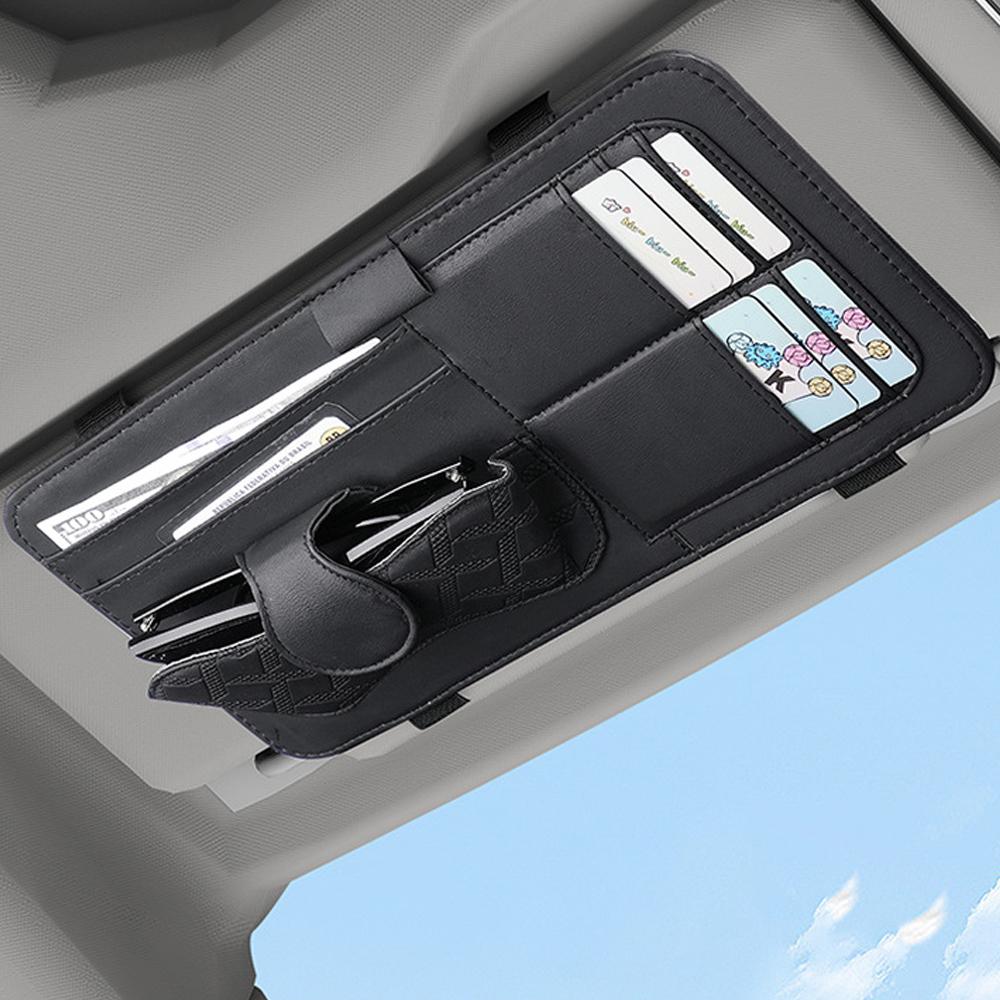 Car Sun Visor Glasses Holder, Pu Leather Multi Pocket Storage Pouch With Card Slots, Eyeglass Clip Organizer For Interior