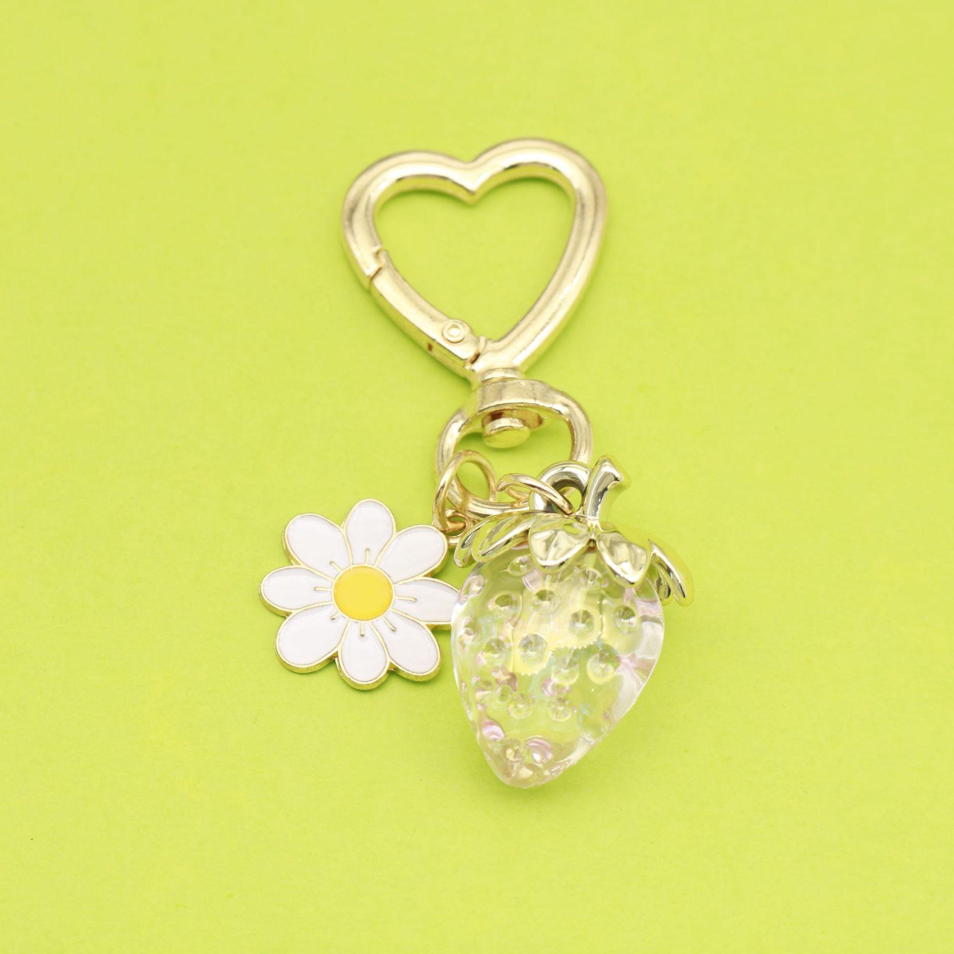 Sunflower & Strawberry Keychain with Heart Buckle, Daisy Pendant, and Bow Accent