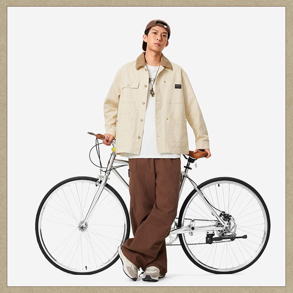 Li Ning Sports Fashion Series Retro Work Jacket With Multiple Pockets Unisex Jacket Fog-Khaki AFDUC53-1