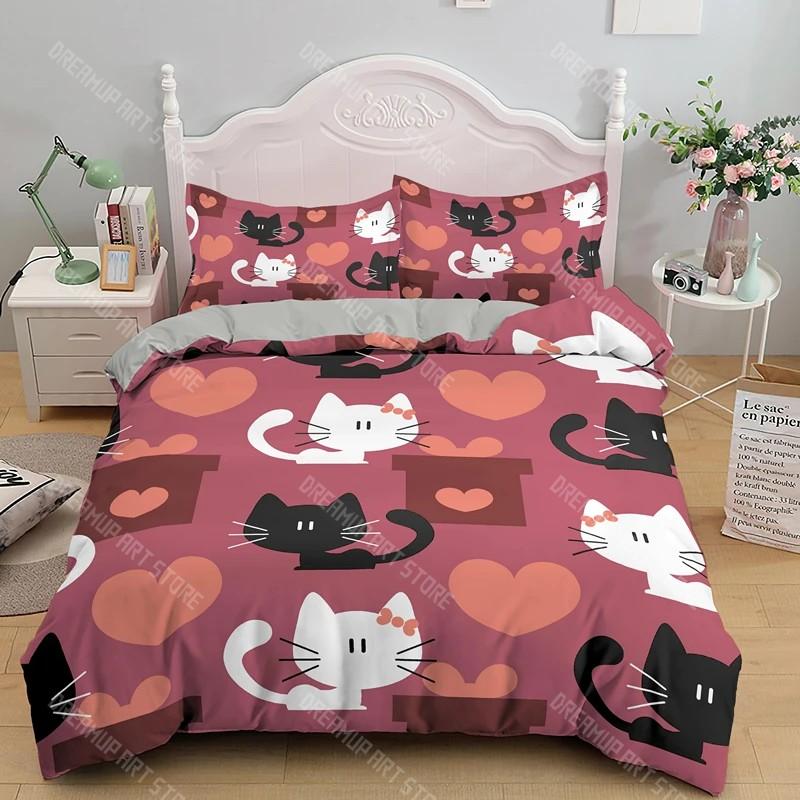 Boys Girls Animal Theme Cute Kitten Pattern 2_3pcs 3D Kids Cats Bedding Set Twin Size Green Cartoon Cats Bedding Set for Kids
