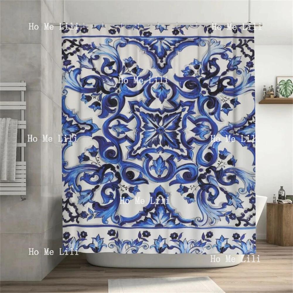Mediterranean Tiles Navy Blue And White Pattern Fabric Shower Curtain Bathroom Decor W90xH180cm