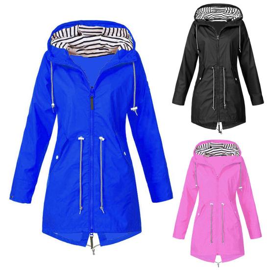 Giacca da donna invernale a tinta unita con cappuccio e coulisse, cerniera, cappotto da esterno