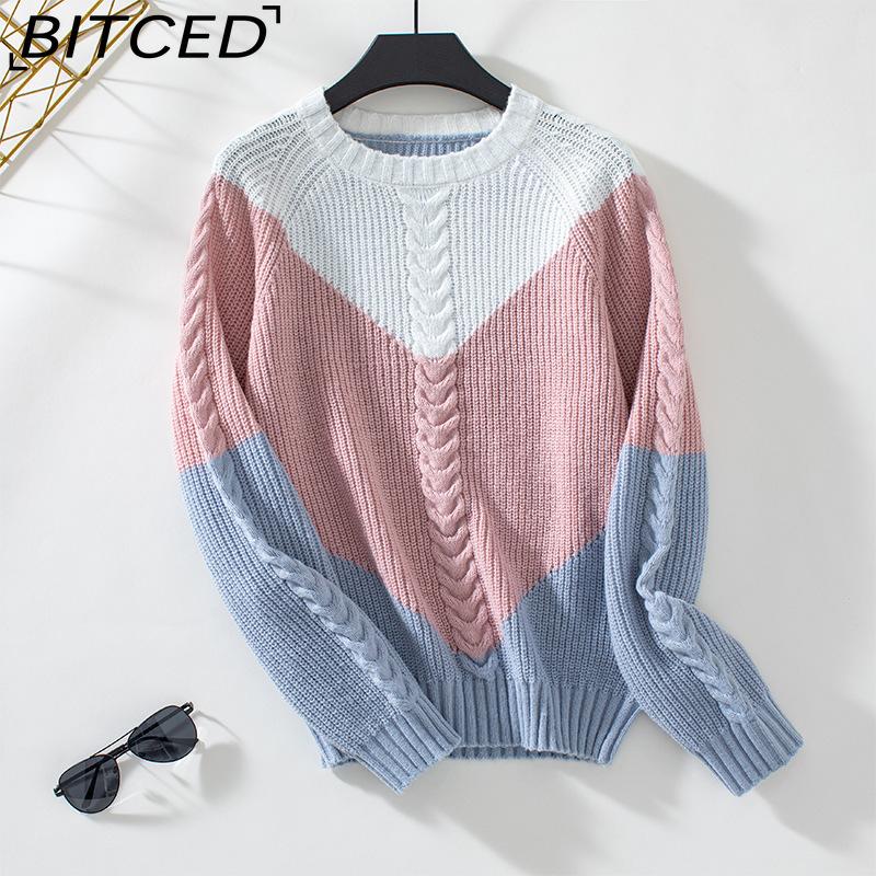 

BITCED Colour-Blocked Cable-Knit Women s Sweater Autumn/Winter Vintage Oversized Pullover Knit Top XL розовый