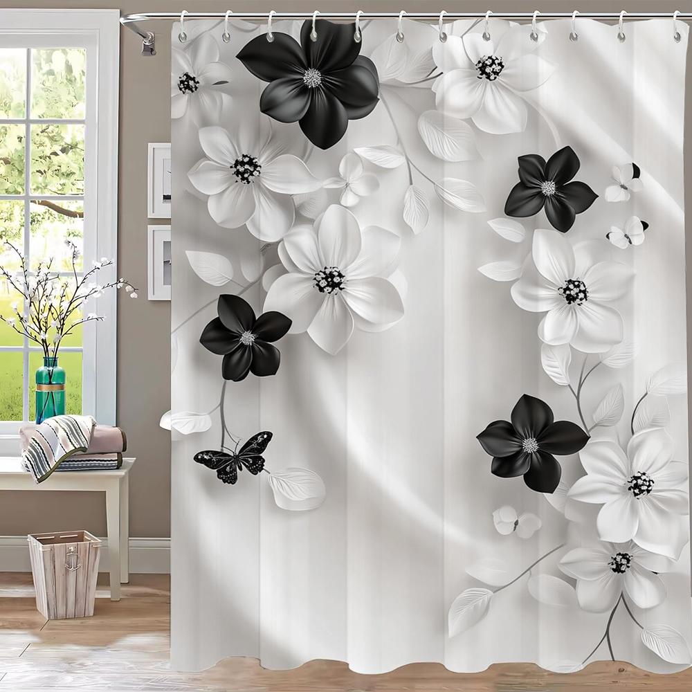 1 Piece Romantic Red Rose Flowers Shower Curtain, Bathroom Decorative Shower Curtain,Printed Polyester Home Curtain with Hooks