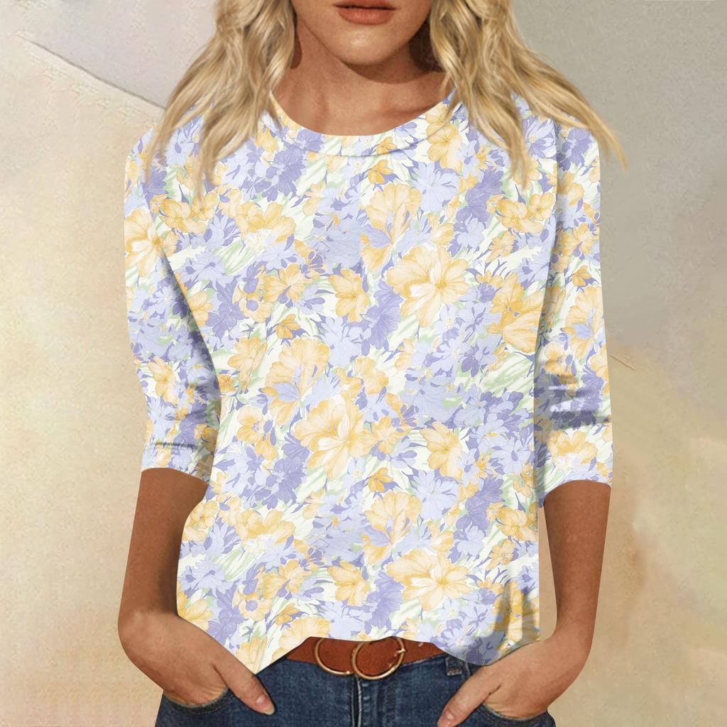 Women's Fashion Casual Round Neck 3/4 Sleeve Loose Printed T-Shirt Ladies Top