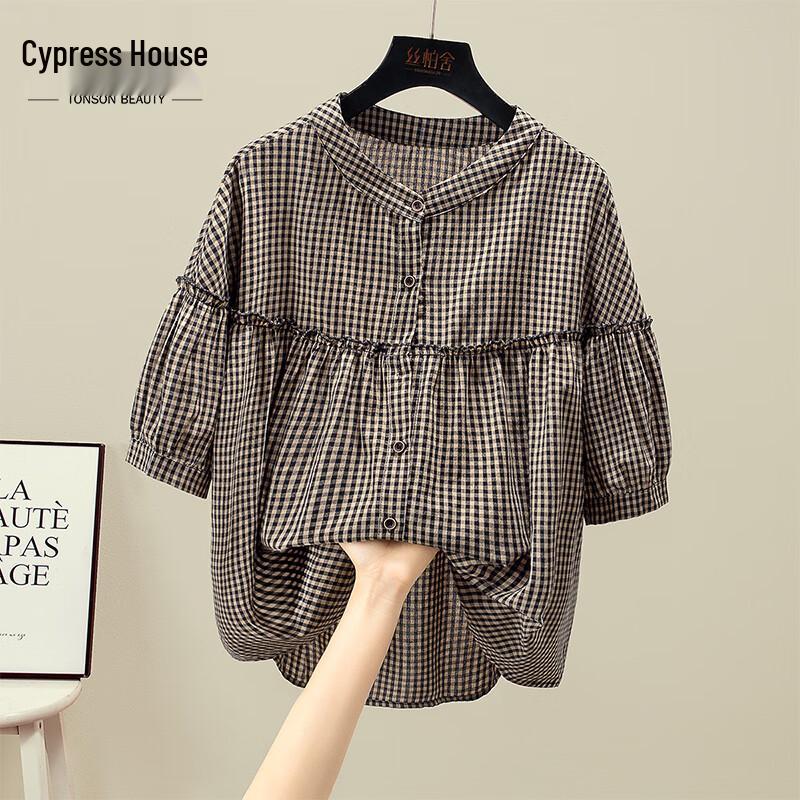 Sibaishai Women s Plaid Patchwork Puff-Sleeve Shirt M