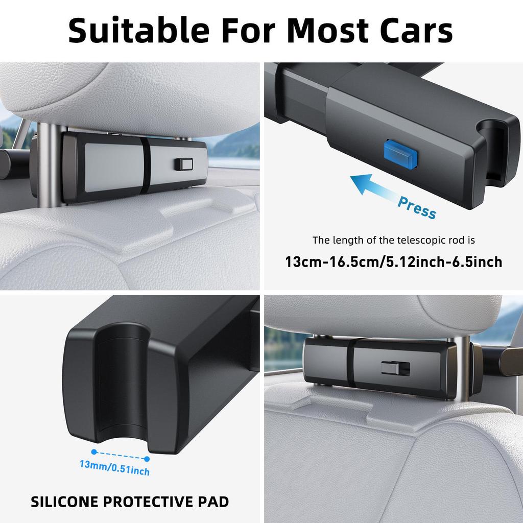 Aluminum Car Seat Phone Holder & Desk with Magnetic Headrest Attachment