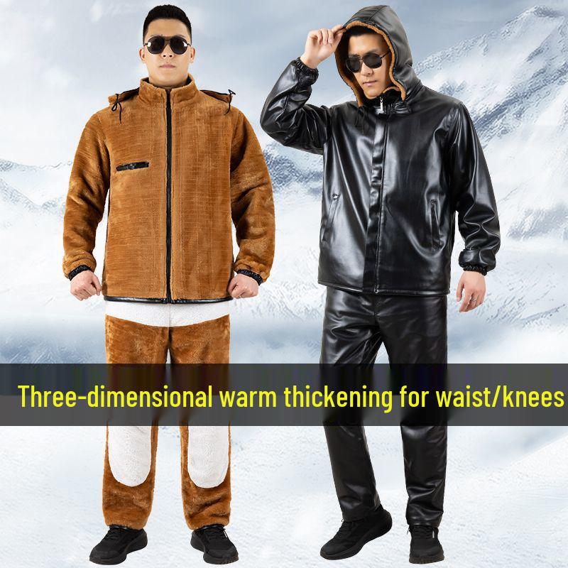 Leather Jacket and Pants Set: Fleece-Lined, Windproof, Waterproof, Oil-Resistant - Ideal for Drivers and Delivery Workers in Winter