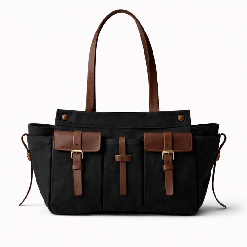 Borsa a Tote da Donna Retro di Grande Capacità con Tasche Multiple, Patchwork in Tela e Decorazioni con Cintura in Pelle per Uso a Spalla Singola