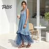 Summer Sleeveless Maxi Dress for Women, Deep V Neck Mesh Patchwork Long Dress, A-line Ruffle Flowy Beach Sundress