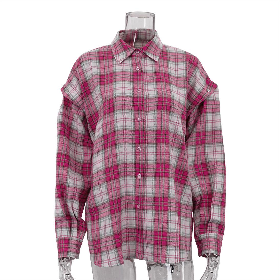 Women Short Sleeve V Neck Plaid Distressed Sleeve Shirt Loose Fit Top S