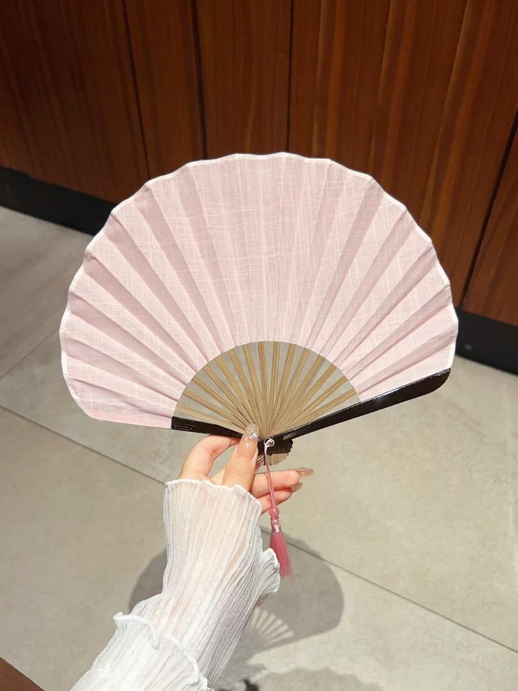 Pure Color Shell Fan Chinese Ancient Style Cotton and Linen Fan Minimalist Fresh Folding Fan Retro Portable Female for Cheongsam Summer Cool Fan