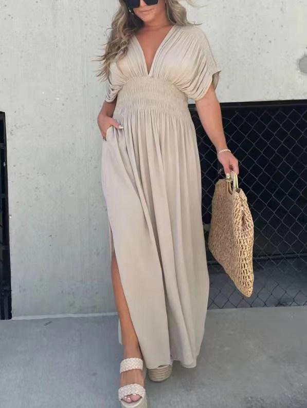 Summer V-neck Batwing Sleeve Elastic Waist Split Long Dress