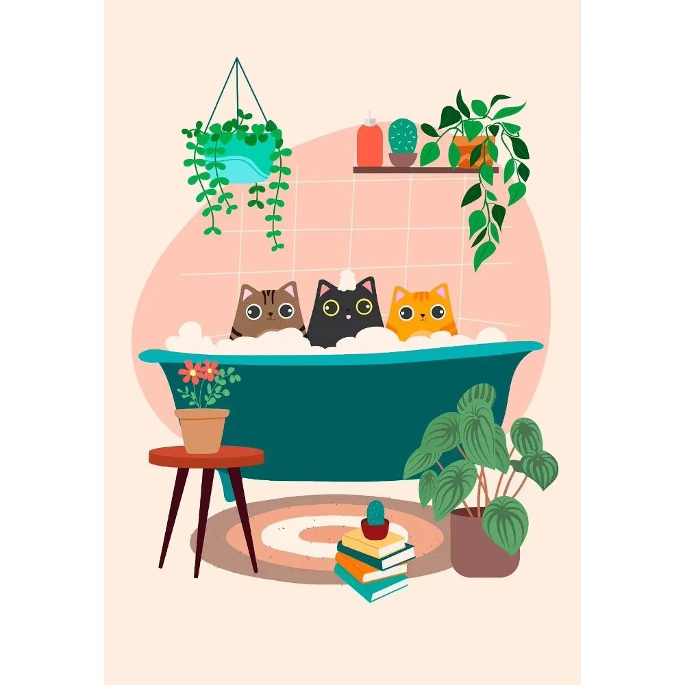 Watercolor Cute Kittens Potted Plant Canvas Print Cartoon Green Plants Animals Wall Art Postes for Modern Living Room Home Decor