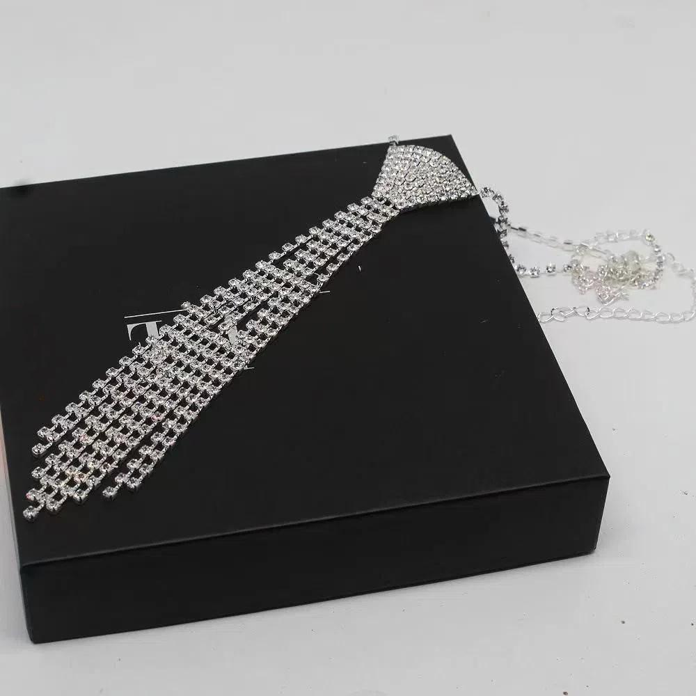 Charm Rhinestone Tassel Necklace Exaggerated Crystal Chain Choker Tie Shape Necklace Women