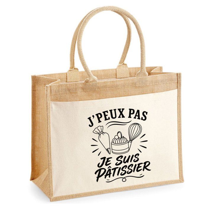 Sac Cabas Jute avec Poche J’peux pas je suis Pâtissier J'peux pas minimaliste | Toile de Jute et Coton 21 L Fond Plat Anses 65 cm