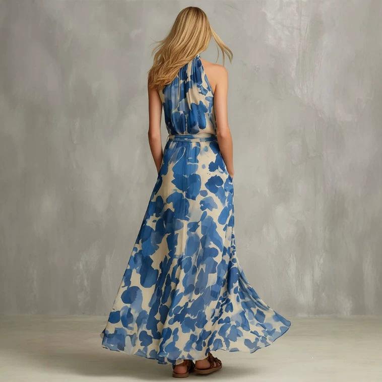 European and American Retro Elegant Blue Printed Sleeveless Tie Waist Yarn Dress