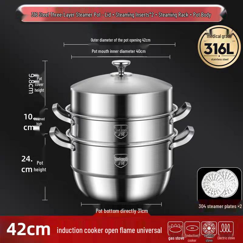 316 Stainless Steel High-Rise Steamer Pot, Extra Thick, Food-Grade, Large Capacity, Versatile 3-4 Layer Soup Pot