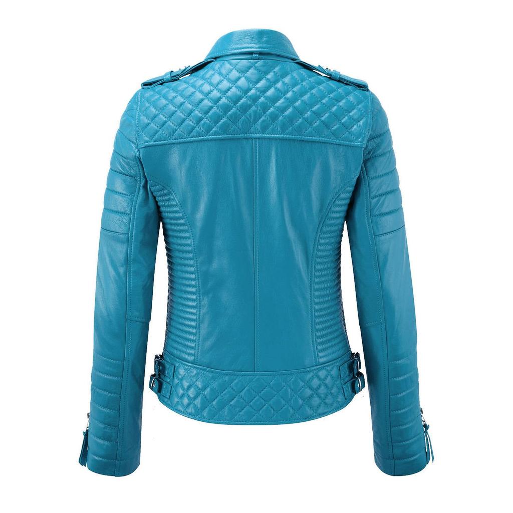 SKINOUTFIT Women's Motorcycle Leather Jacket Genuine Turquoise Blue Lambskin Cafe Racer Biker Outerwear