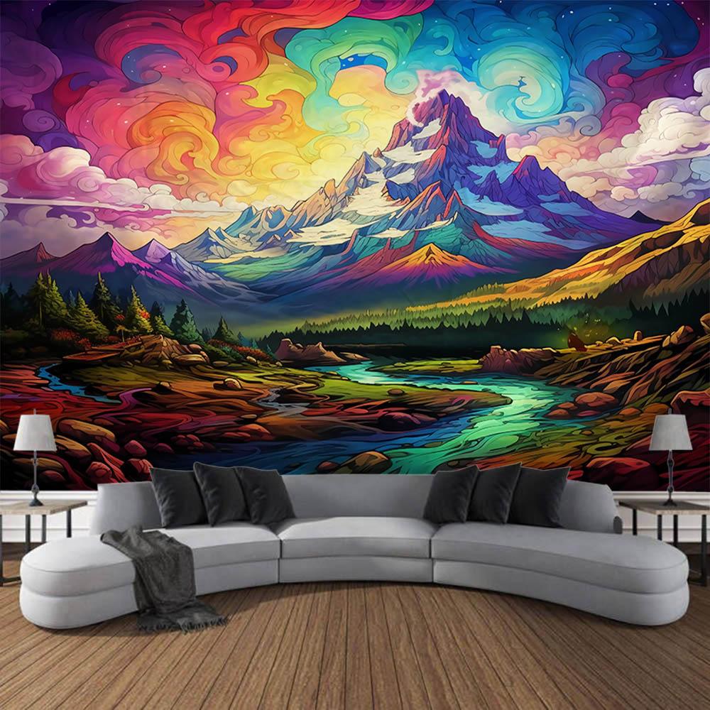 Natural Landscape Oil Painting Tapestry Wall Hanging Bohemian Mountain Forest Background Wall Bedroom Aesthetic Decoration