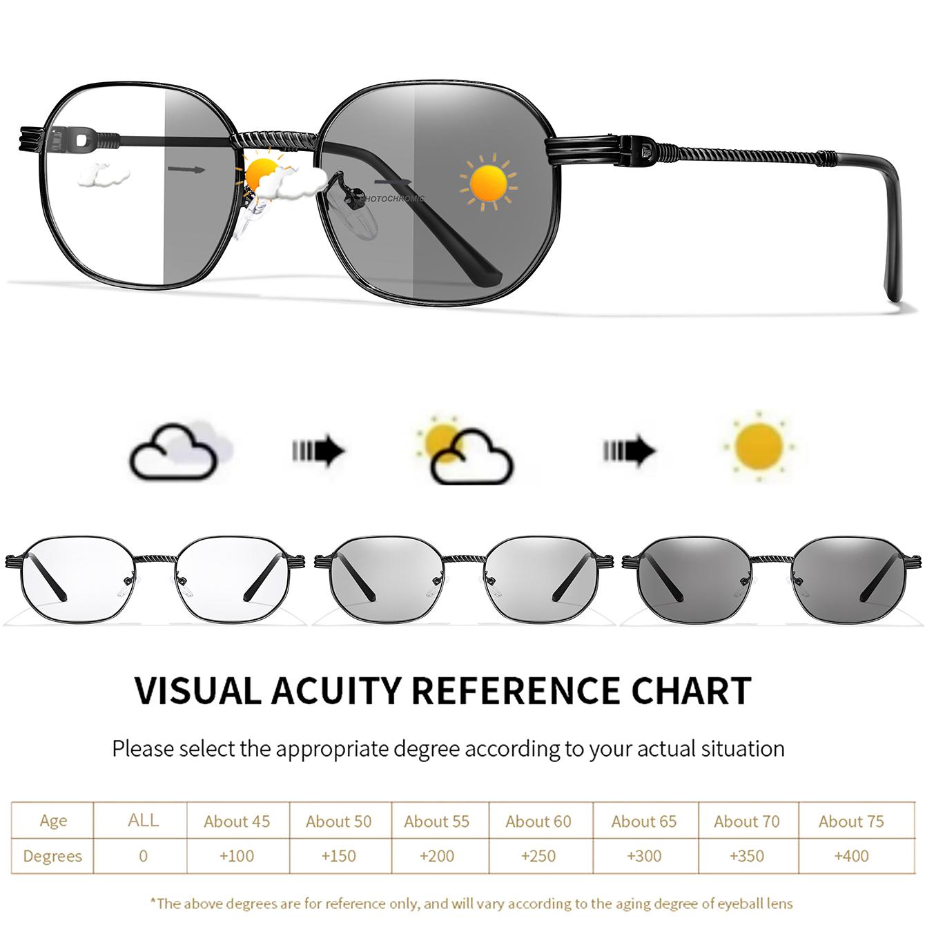 

Light-sensitive Anti-Blue Light Reading Sunglasses Metal Eyewear for Women Men Internet Surf Style Presbyopic Eyewear +150 +200 0