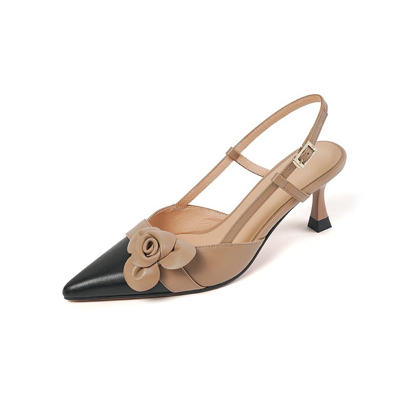 2024 Summer Women Shoes Cow Leather Shoes Women Covered Toe Thin Heel Sandals Slingback Women Shoes Buckle Flowers Women Sandals