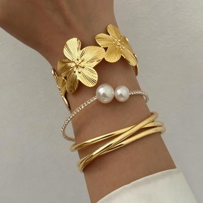 3er Set Boho Blume Perle Zirkon Anhänger Armreif Set für Damen Mode Elegant Minimalistisch Gedreht Breit Armbänder Feiertags Alltags Schmuck