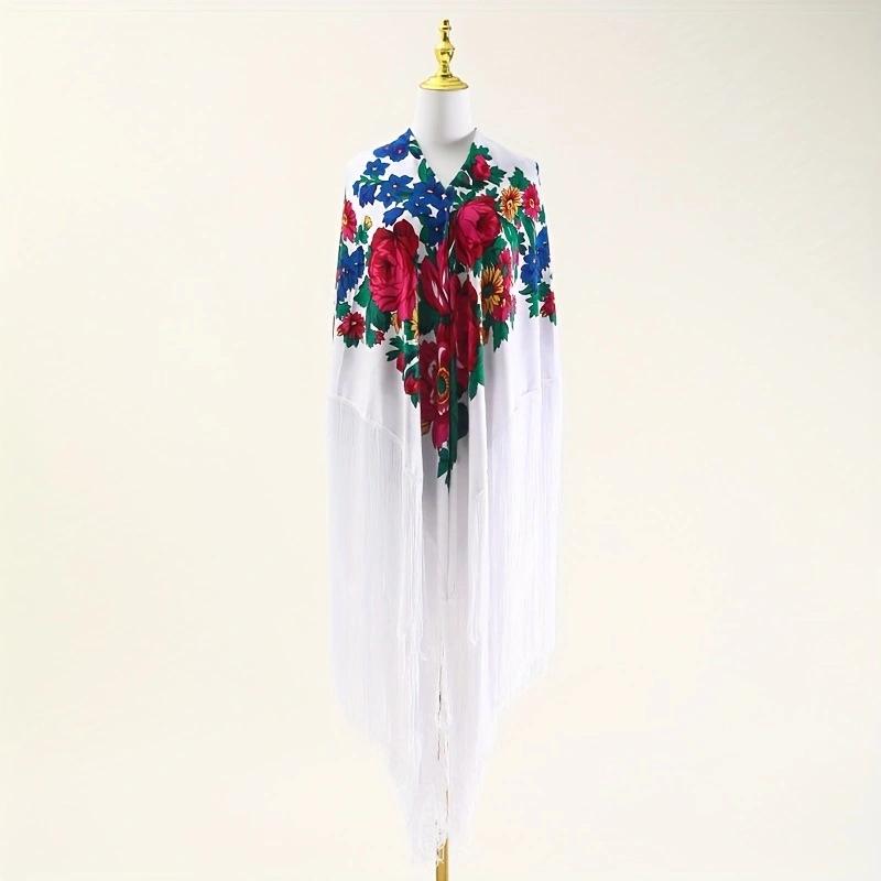 Elegant Long Tassel Peony Flower Shawl Scarf - Ethnic Retro Style, 50cm.