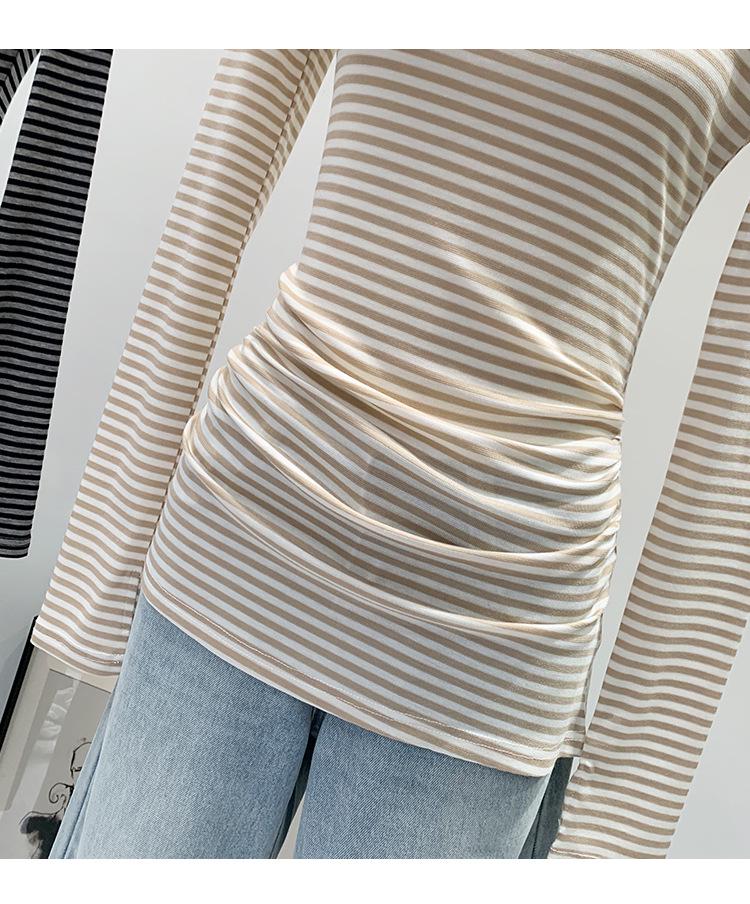 Haut de base à rayures à manches longues de longueur moyenne pour femme - Style coréen Hiver 2026
