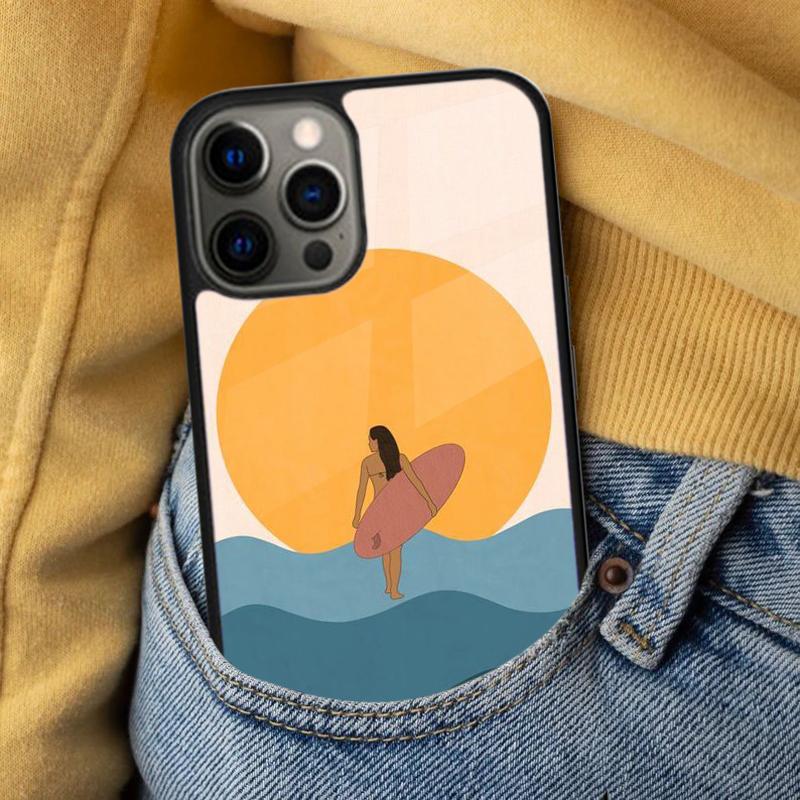 Surfboard Surfing Art Surf Girl Soft Phone Case for iPhone 17 Air 16e Pro Max 15 Pro 13 14 Plus 11 12 MagSafe Magnetic Coque